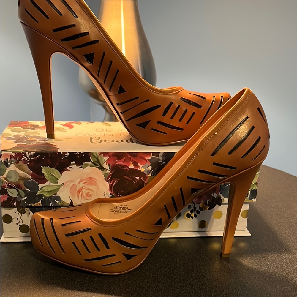 BCBG Brown Heels with Stiletto Heel and Intricate Cutouts